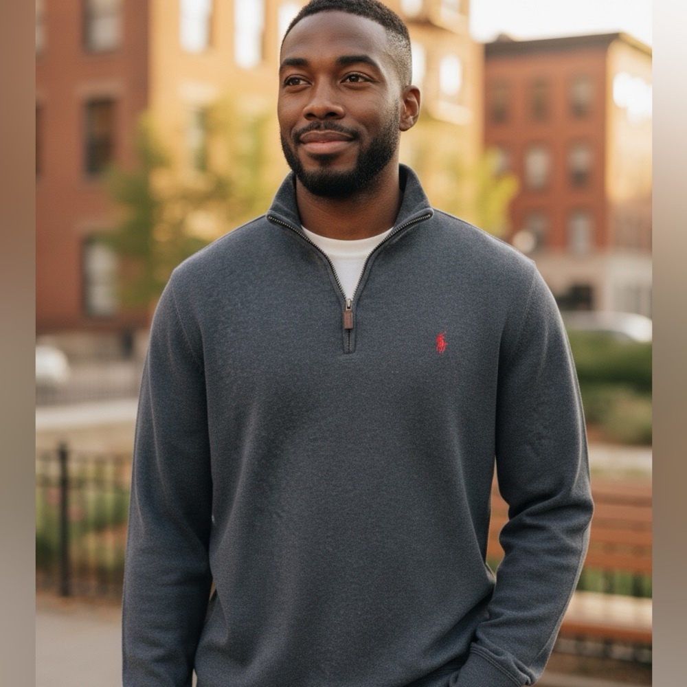 Polo Ralph Lauren Men's Charcoal Gray Cotton 1/4 Zip Pullover Sweater L